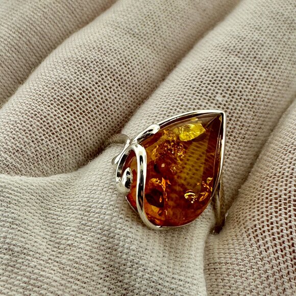925 Sterling Silver Amber Teardrop Ring - Size 9.5 - Picture 2 of 15